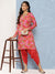 Abstract Floral Printed & Embroidered Straight Kurta with Dhoti Pant - Red