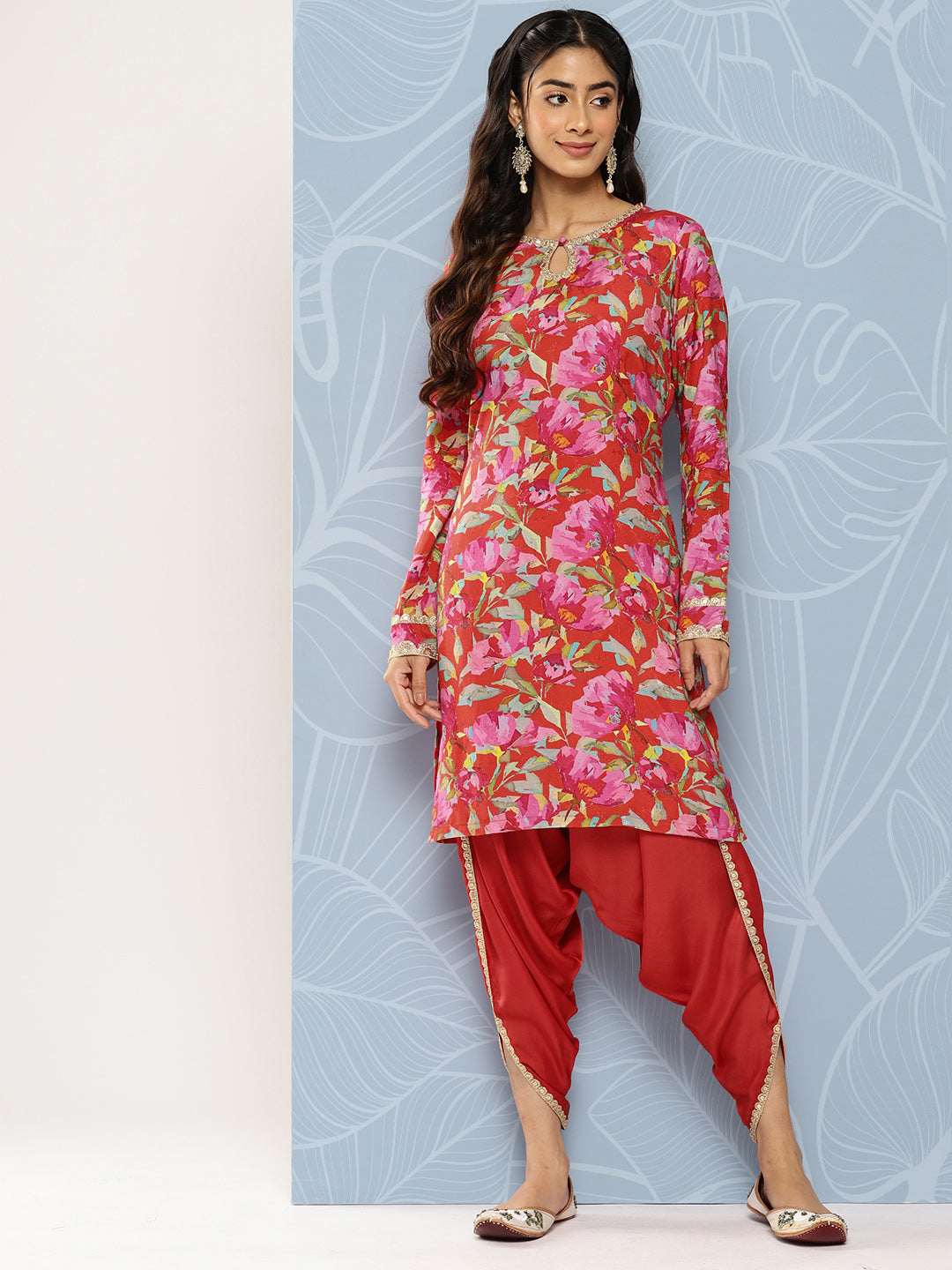 Abstract Floral Printed & Embroidered Straight Kurta with Dhoti Pant - Red