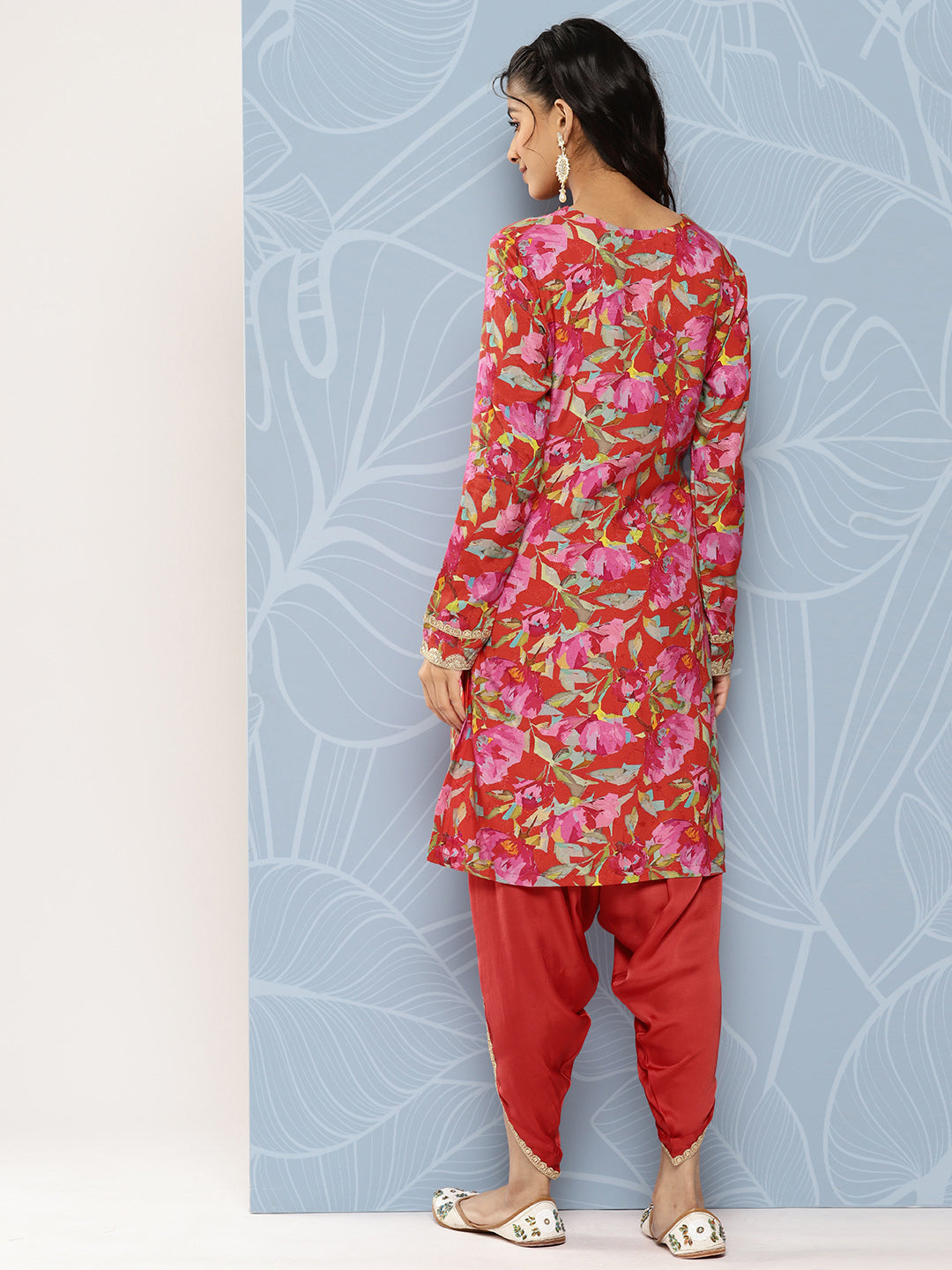 Abstract Floral Printed & Embroidered Straight Kurta with Dhoti Pant - Red