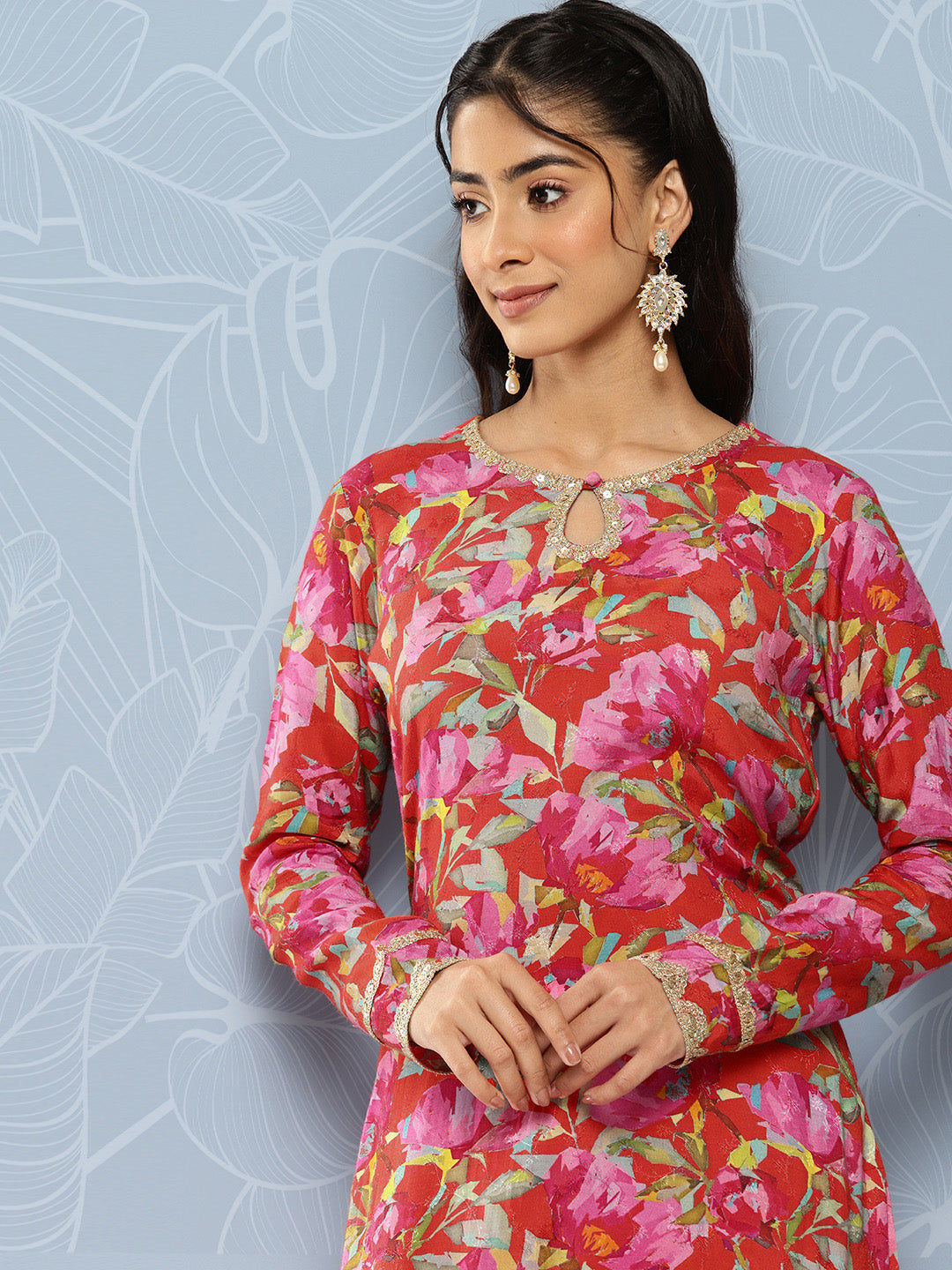 Abstract Floral Printed & Embroidered Straight Kurta with Dhoti Pant - Red