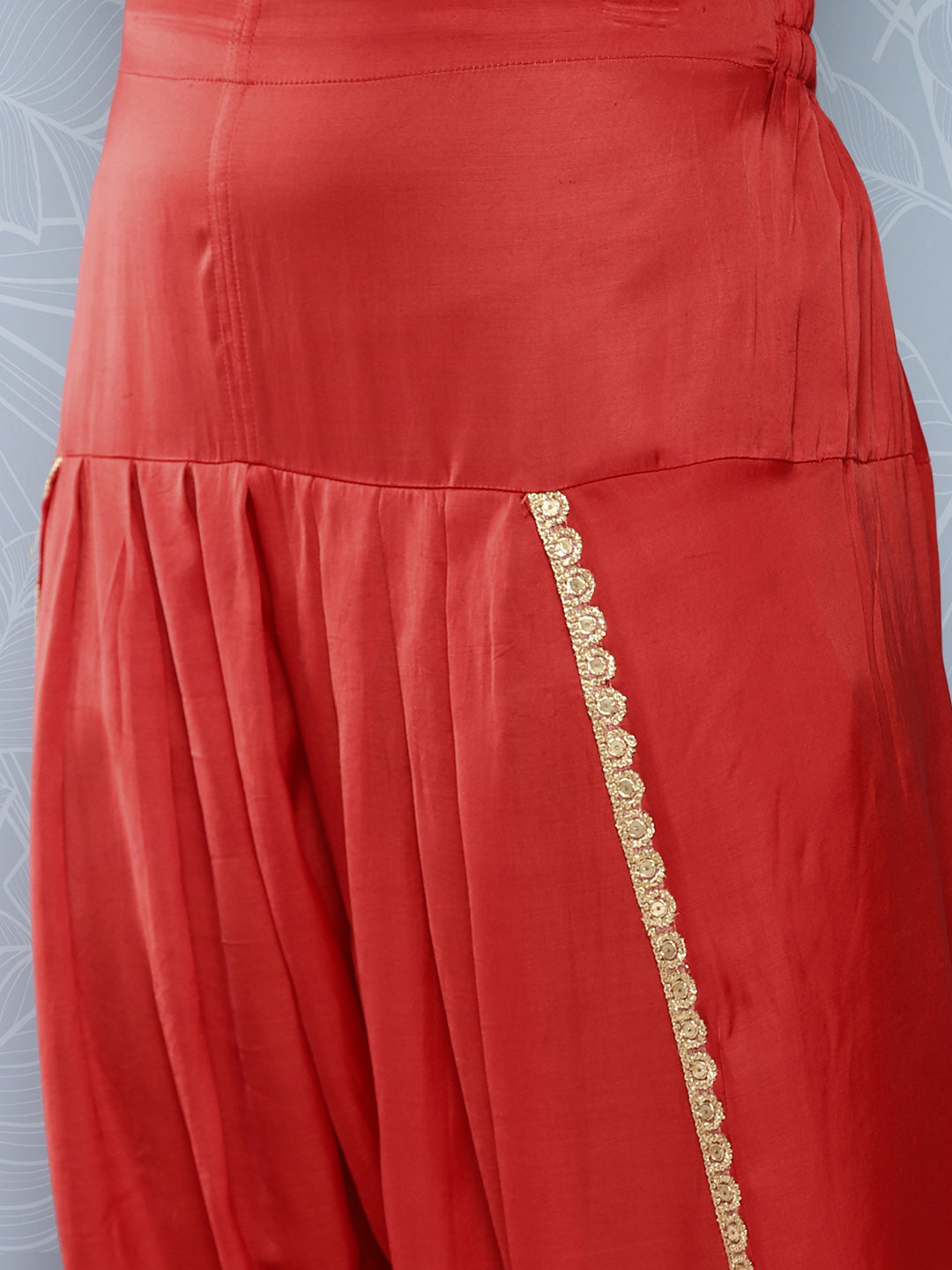 Abstract Floral Printed & Embroidered Straight Kurta with Dhoti Pant - Red