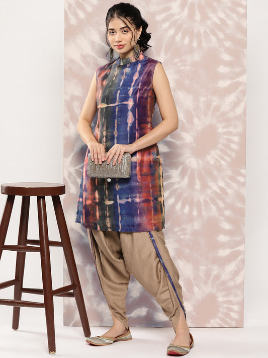 Shibori Printed Straight Fit Kurta with Dhoti Pant - Blue