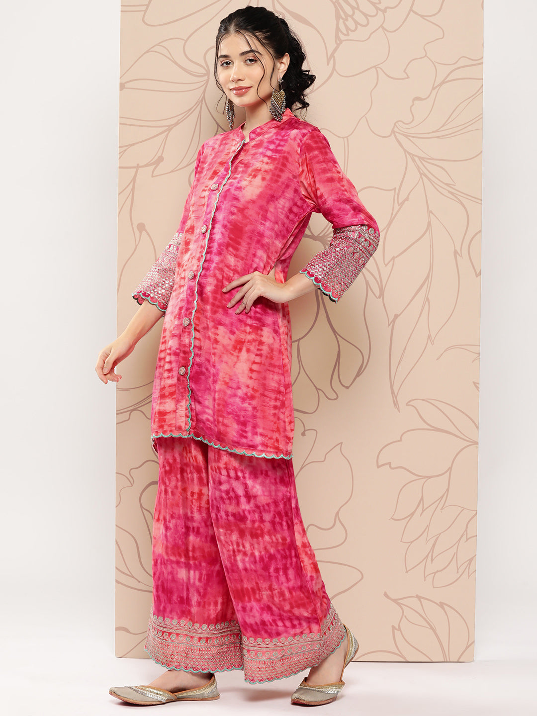 Shibori Printed & Ethnic Embroidered Straight Kurta with Palazzo - Pink
