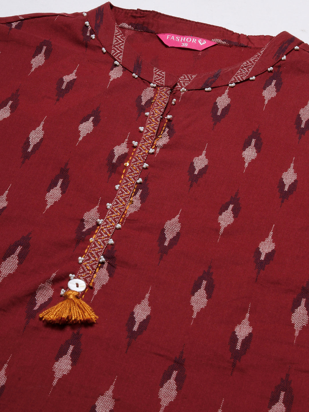 Abstract Printed Beads & Resham Embellished Kurta - Maroon