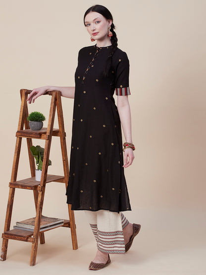 Woven Resham Jacquard Polka Dots Sequins & Tikki Embroidered Kurta - Black
