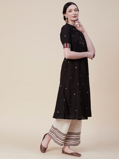 Woven Resham Jacquard Polka Dots Sequins & Tikki Embroidered Kurta - Black