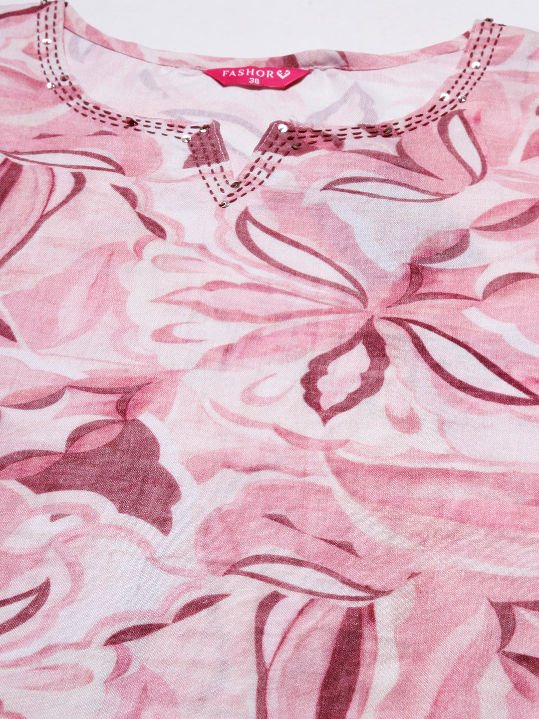 Abstract Printed Sequins & Resham Embroidered Linen Blend Kurta - Pink
