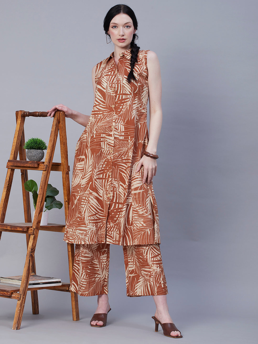 Abstract Printed Wooden Buttoned A-line Paneled Kurta With Pants Set - Brown