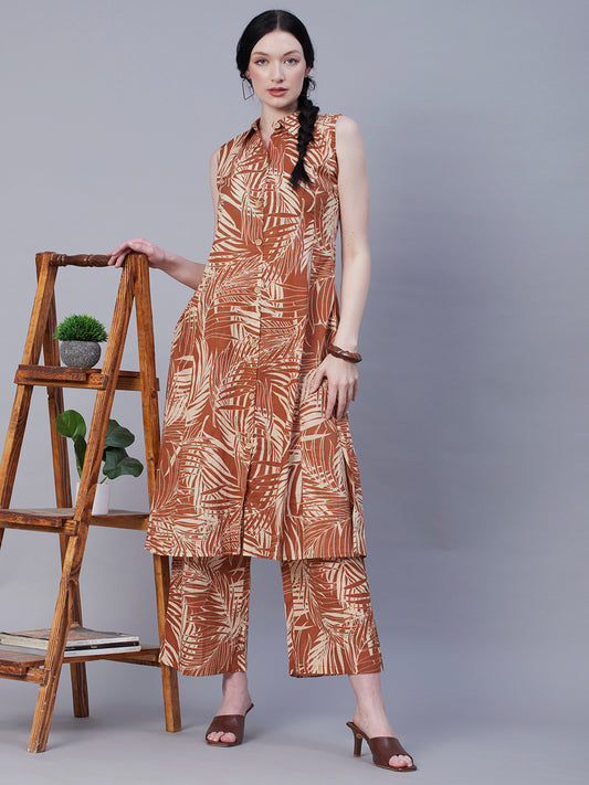 Abstract Printed Wooden Buttoned A-line Paneled Kurta With Pants Set - Brown