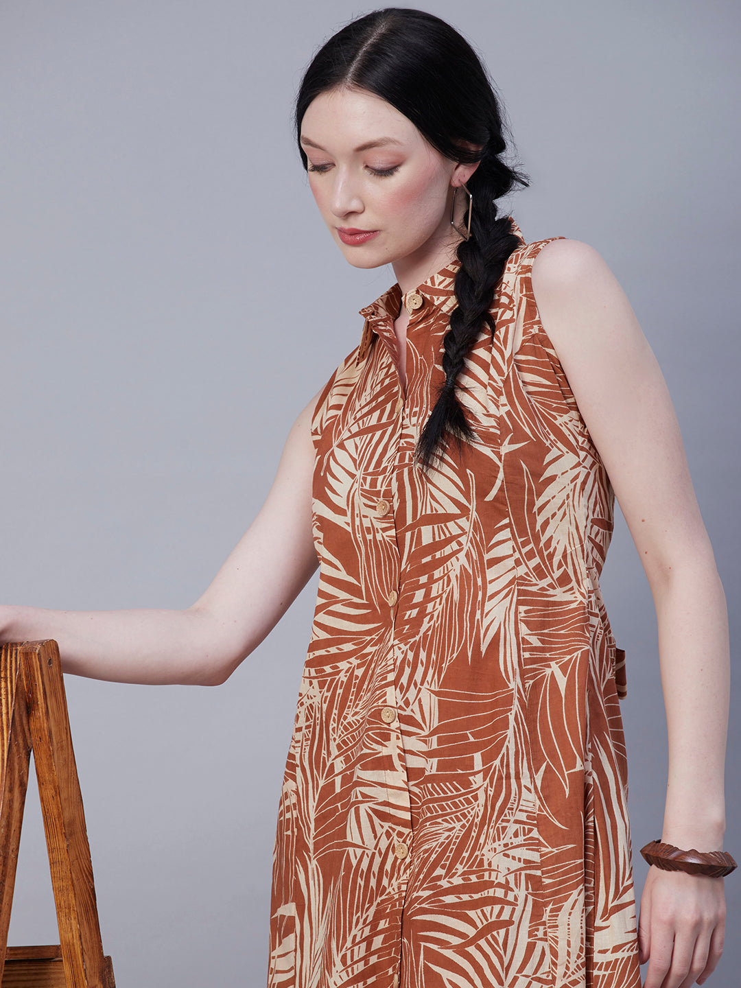 Abstract Printed Wooden Buttoned A-line Paneled Kurta With Pants Set - Brown