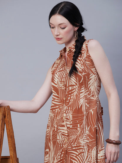 Abstract Printed Wooden Buttoned A-line Paneled Kurta With Pants Set - Brown