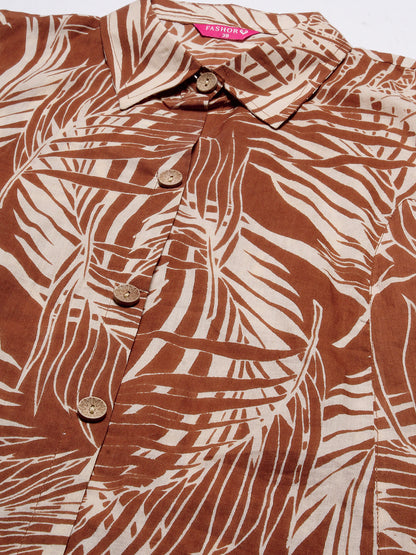 Abstract Printed Wooden Buttoned A-line Paneled Kurta With Pants Set - Brown