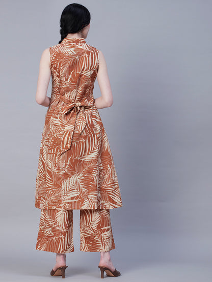 Abstract Printed Wooden Buttoned A-line Paneled Kurta With Pants Set - Brown