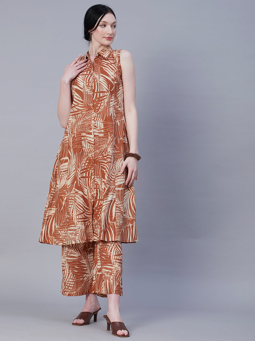 Abstract Printed Wooden Buttoned A-line Paneled Kurta With Pants Set - Brown