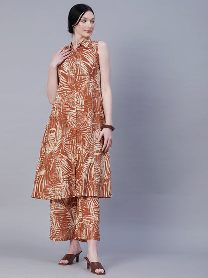 Abstract Printed Wooden Buttoned A-line Paneled Kurta With Pants Set - Brown