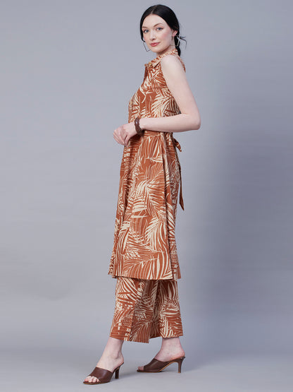Abstract Printed Wooden Buttoned A-line Paneled Kurta With Pants Set - Brown