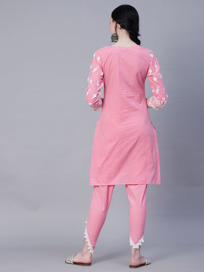 Solid Resham Applique Embroidered Kurta With Dhoti Pants Set - Pink
