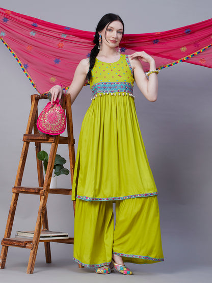 Solid Mirror & Resham Embroidered Empire Kurta With Sharara & Dupatta - Lime Green