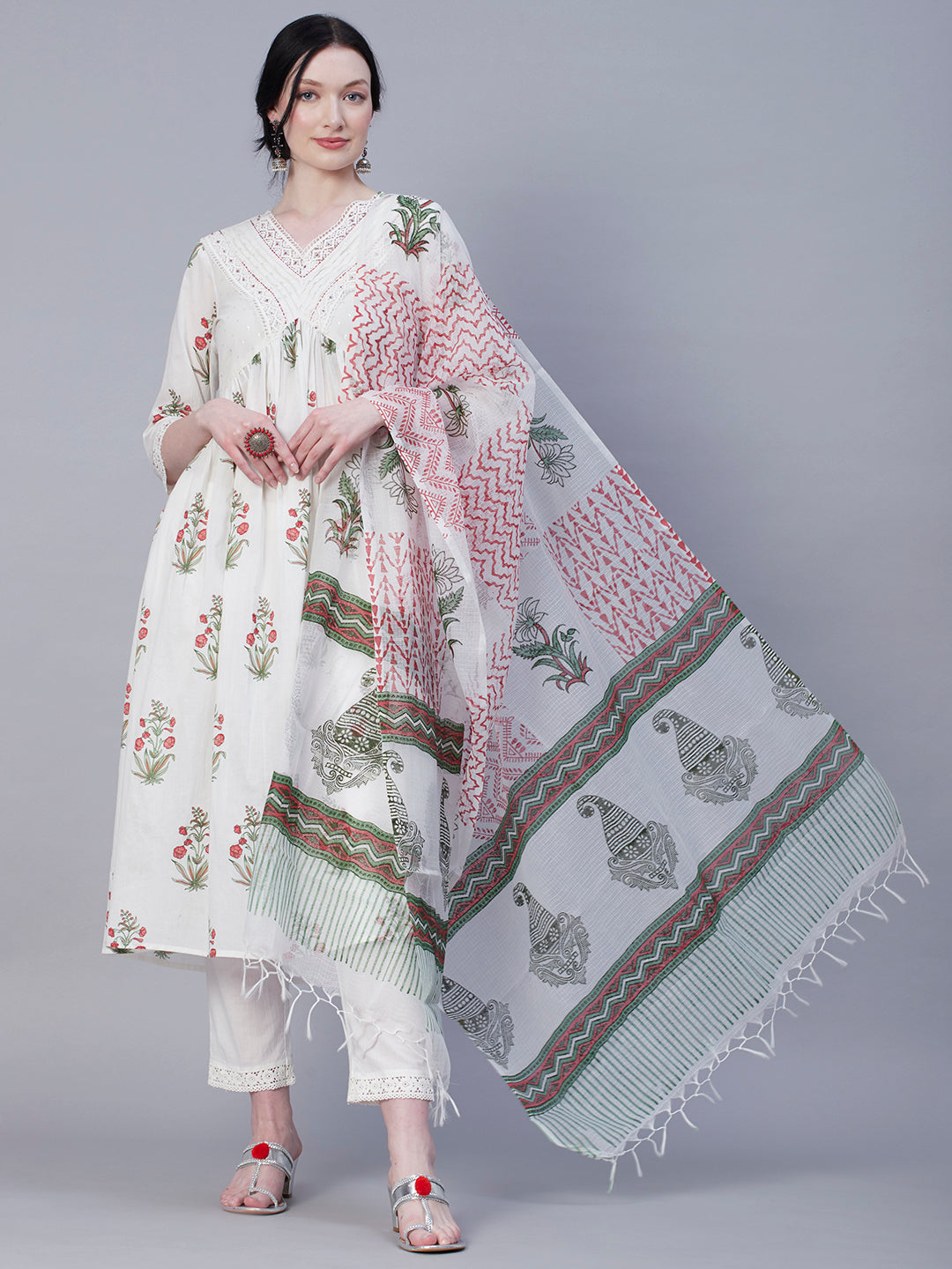 Floral Block Printed Sequins & Crochet Lace Ornamented High Slit Kurta With Pants & Printed Dupatta - White