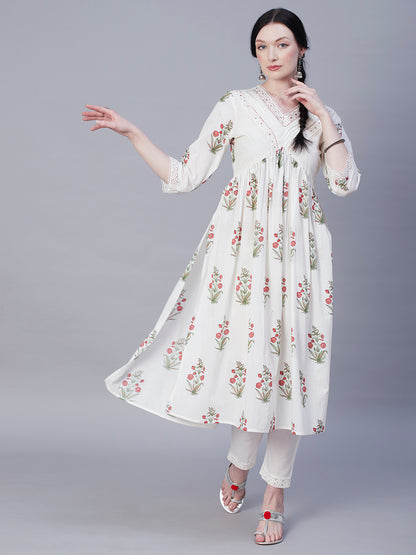 Floral Block Printed Sequins & Crochet Lace Ornamented High Slit Kurta With Pants & Printed Dupatta - White
