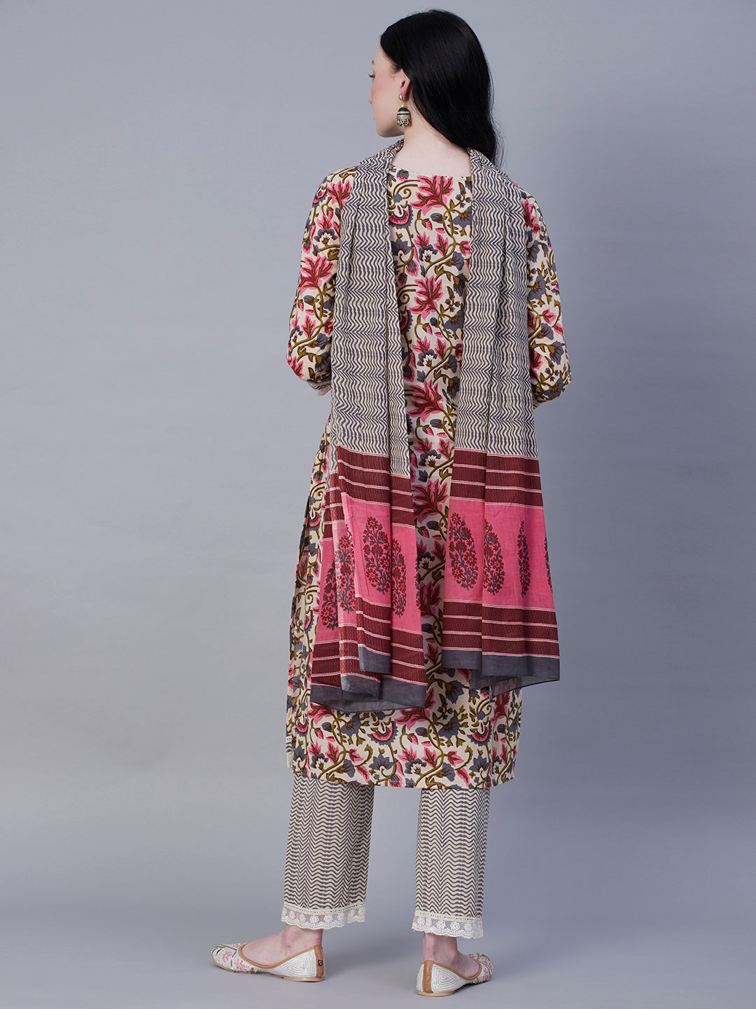Floral Printed Mirror, Zari & Resham Embroidered kurta With Pants & Dupatta - Off White & Multi