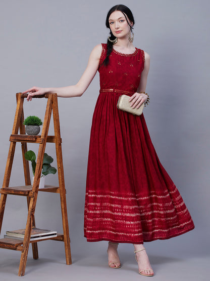 Tie & Dye Printed Pleated Mirror & Resham Embroidered Maxi Dress With Mirror Embroidered Waist Belt - Red