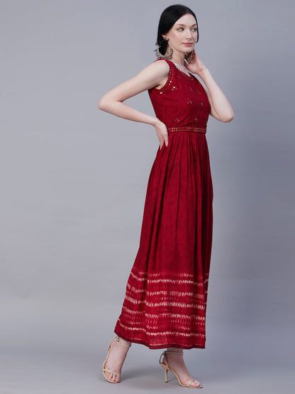 Tie & Dye Printed Pleated Mirror & Resham Embroidered Maxi Dress With Mirror Embroidered Waist Belt - Red