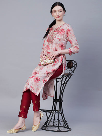 Floral Foil Printed Resham & Zari Dori Embroidered Kurta - Rose Pink