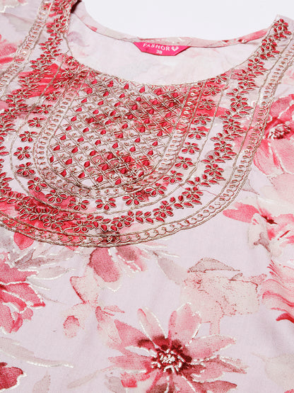 Floral Foil Printed Resham & Zari Dori Embroidered Kurta - Rose Pink