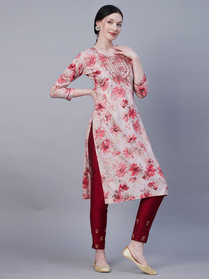 Floral Foil Printed Resham & Zari Dori Embroidered Kurta - Rose Pink