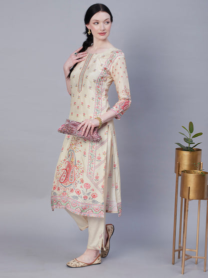 Floral Printed Zari, Sequins & Resham Embroidered Kurta with Pants - Cream & Multi