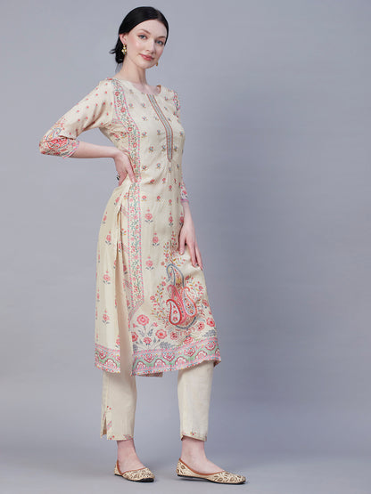 Floral Printed Zari, Sequins & Resham Embroidered Kurta with Pants - Cream & Multi
