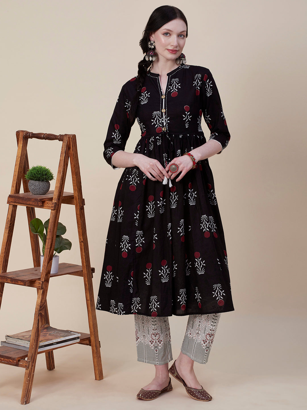 Floral Printed Wooden Buttoned Resham Top Stitched Gathered Kurta With Printed Pants - Black