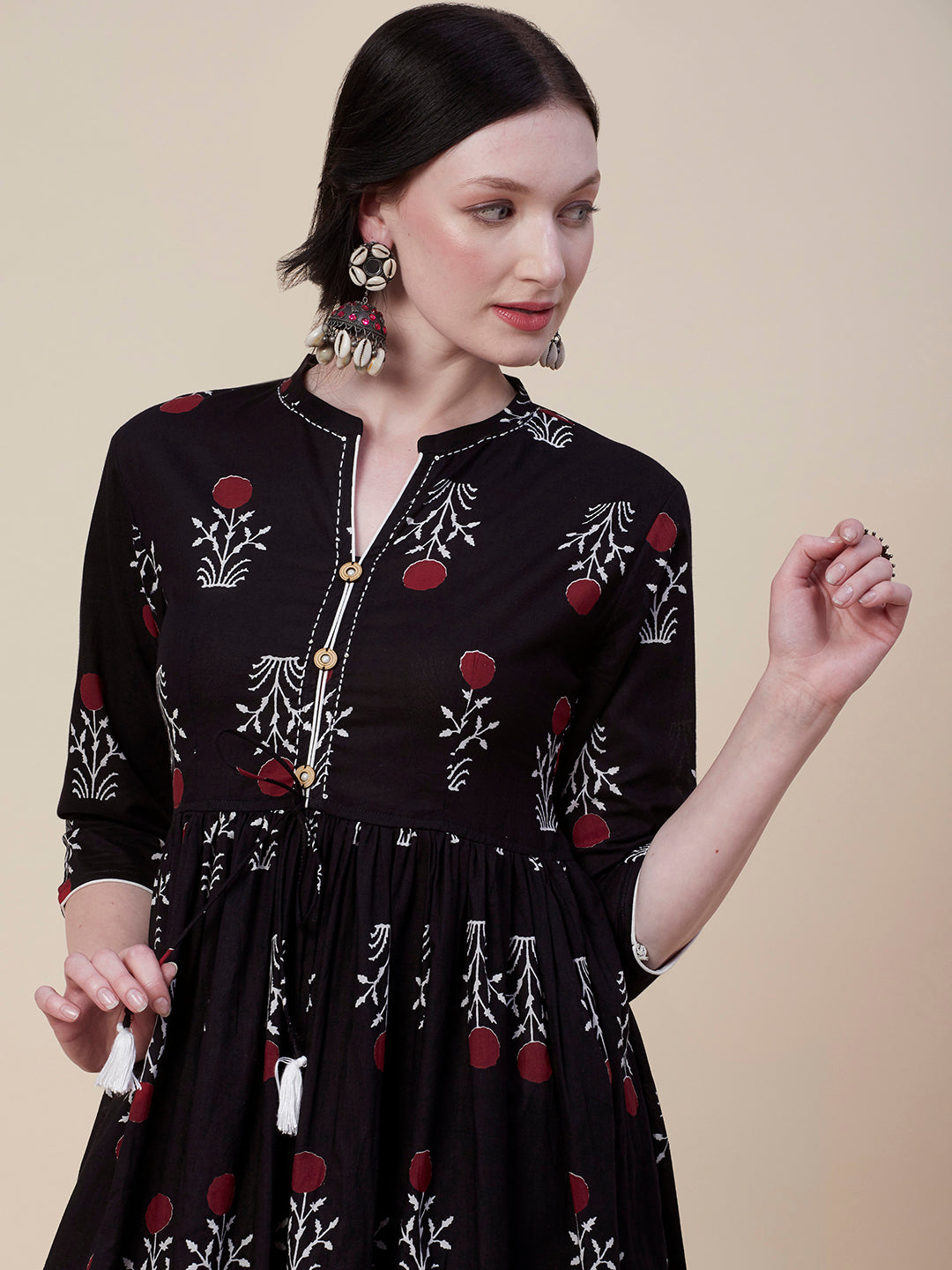 Floral Printed Wooden Buttoned Resham Top Stitched Gathered Kurta With Printed Pants - Black