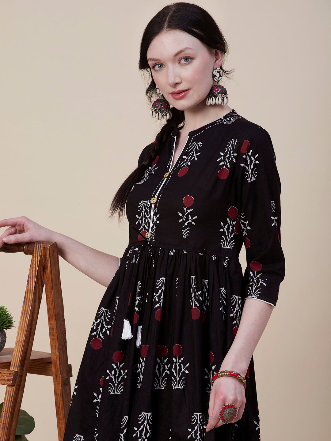 Floral Printed Wooden Buttoned Resham Top Stitched Gathered Kurta With Printed Pants - Black