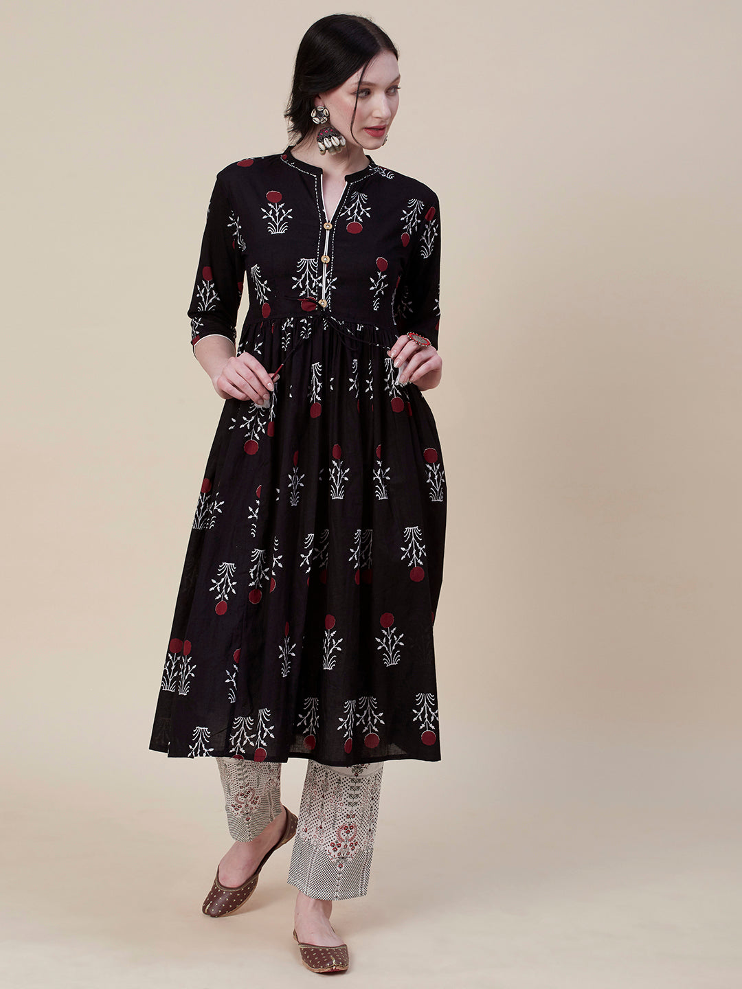 Floral Printed Wooden Buttoned Resham Top Stitched Gathered Kurta With Printed Pants - Black