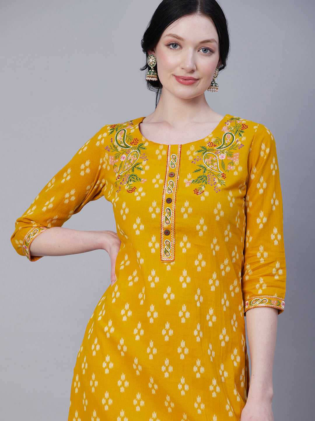 Abstract Printed Resham Embroidered Kurta With Embroidered Pants - Yellow