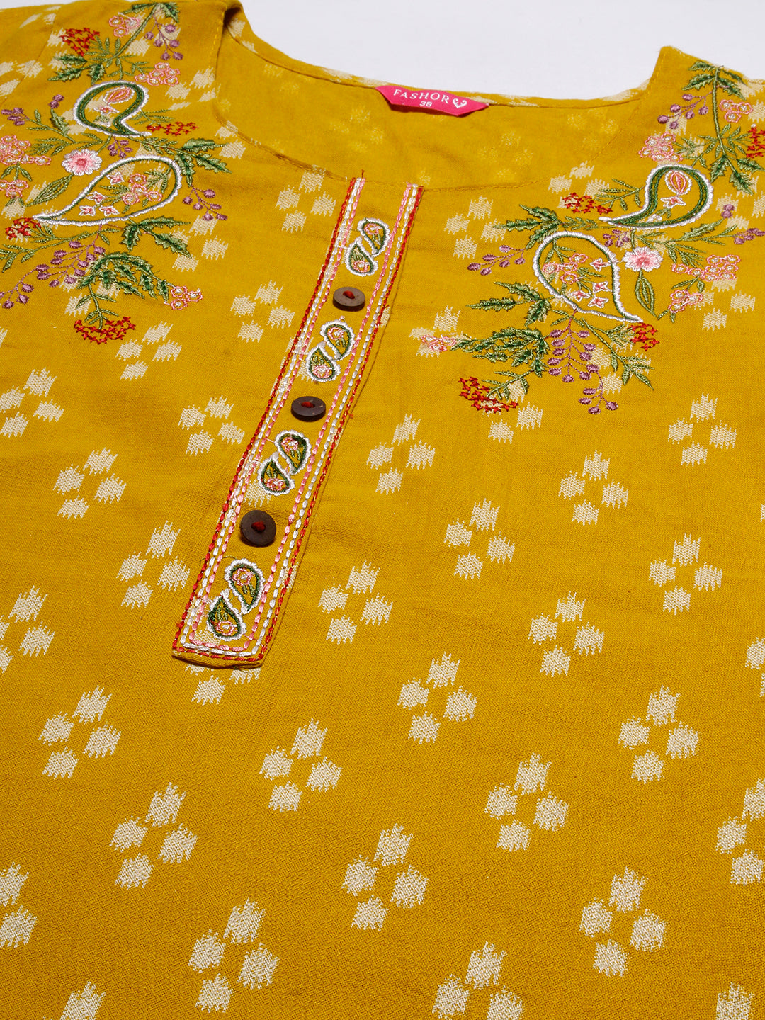 Abstract Printed Resham Embroidered Kurta With Embroidered Pants - Yellow