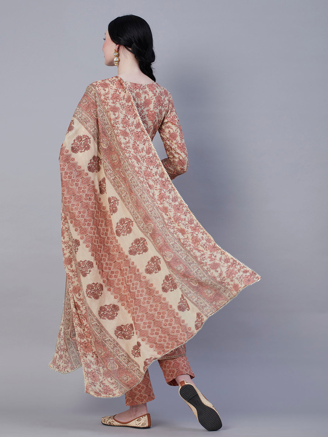 Floral Printed Mirror, Zari & Sequins Embroidered Anarkali Kurta with Pants & Dupatta - Pale Peach