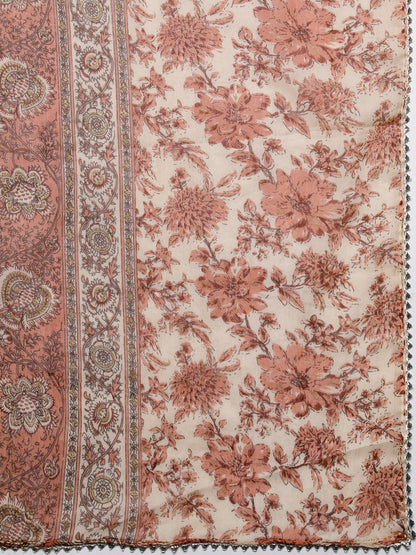 Floral Printed Mirror, Zari & Sequins Embroidered Anarkali Kurta with Pants & Dupatta - Pale Peach