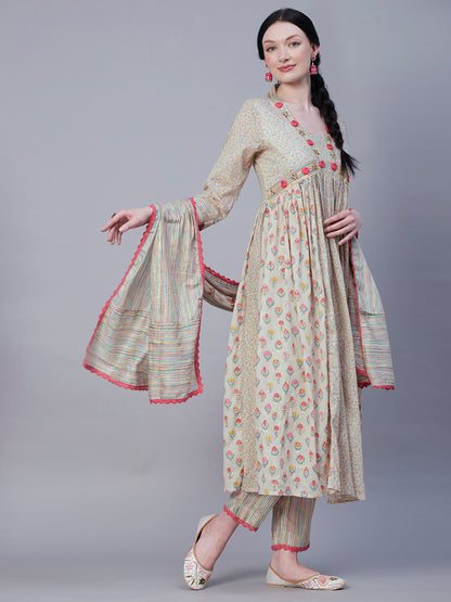 Floral Printed Resham & Cutdana Embroidered Gathered Mul-Cotton Kurta with Pants & Dupatta - Off White & Multi