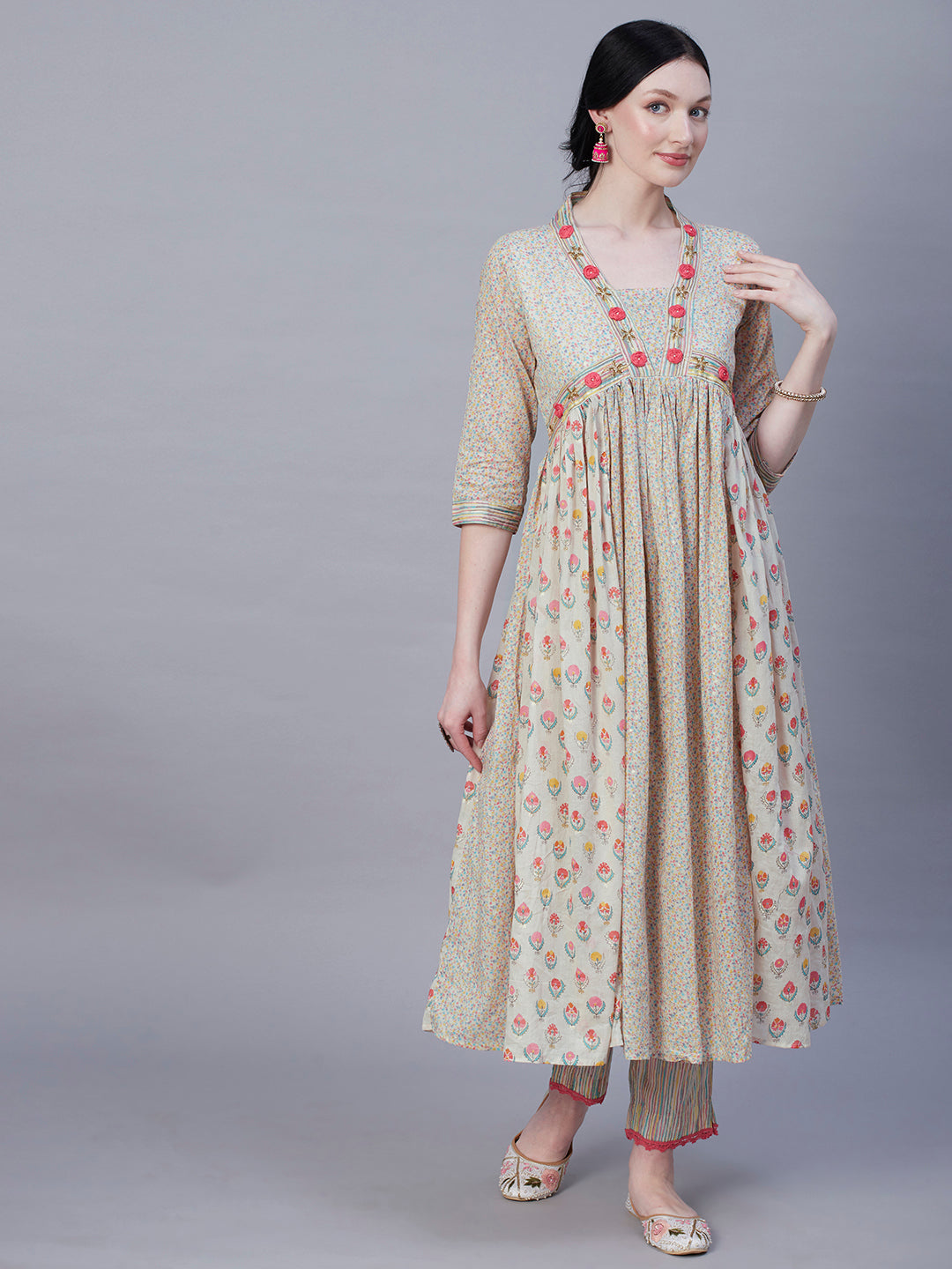 Floral Printed Resham & Cutdana Embroidered Gathered Mul-Cotton Kurta with Pants & Dupatta - Off White & Multi