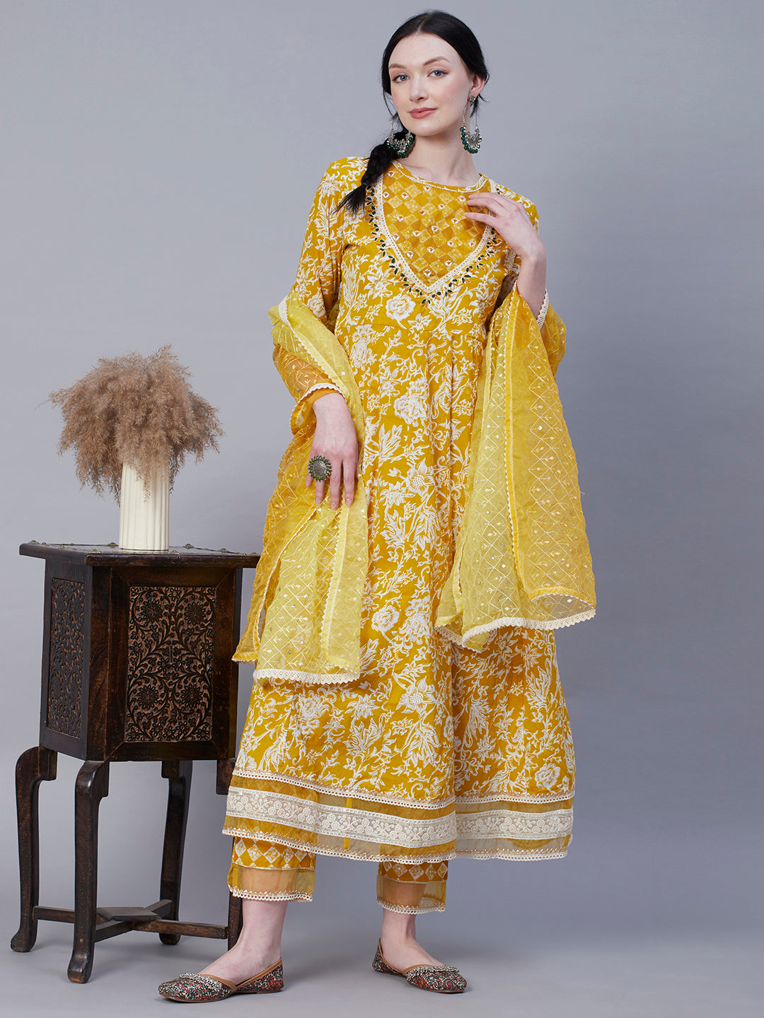 Floral Printed Resham & Pearl Embroidered Anarkali Kurta with Pants & Shaded Embroidered Dupatta - Mustard