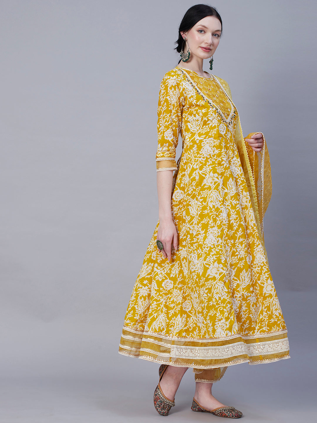 Floral Printed Resham & Pearl Embroidered Anarkali Kurta with Pants & Shaded Embroidered Dupatta - Mustard