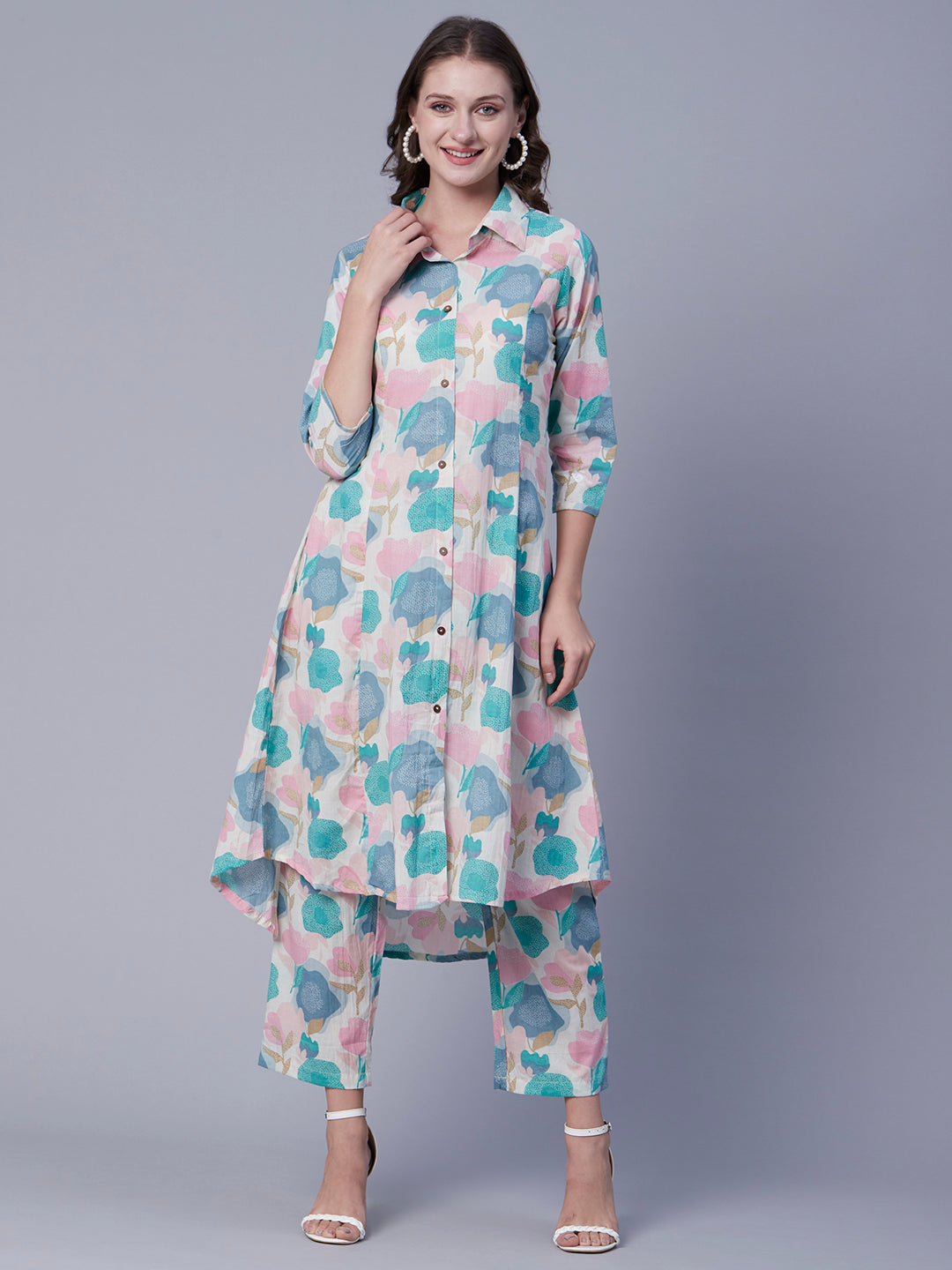 Abstract-Floral Printed Wooden Buttoned A-line Paneled Kurta with Pants - Multi