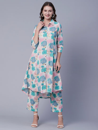 Abstract-Floral Printed Wooden Buttoned A-line Paneled Kurta with Pants - Multi