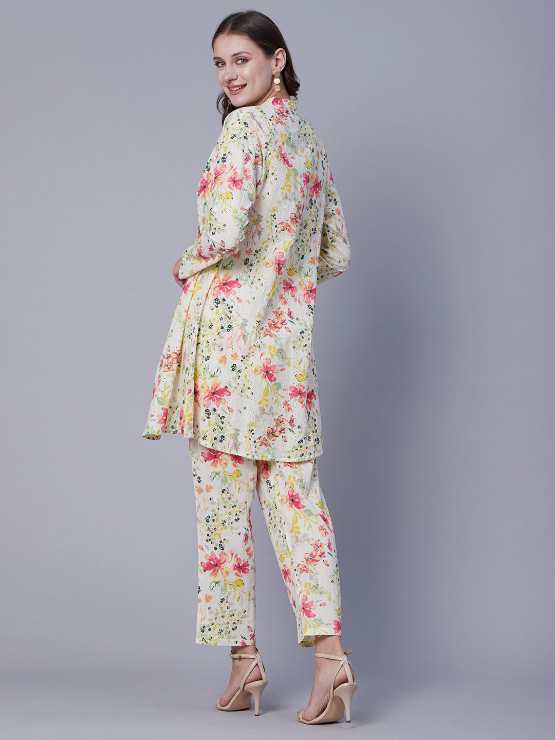 Floral Printed Brooch Embellished Crop Top With Pants & Schiffili Embroidered Jacket - Off White & Multi