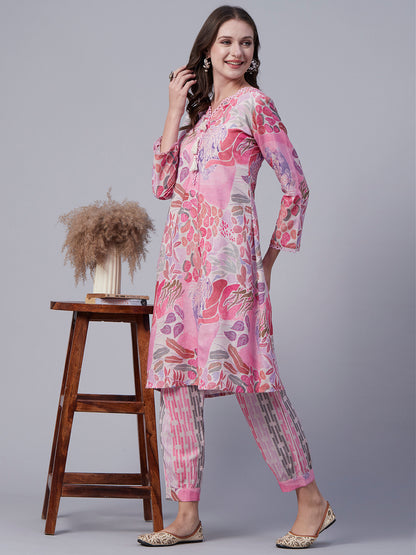 Abstract Printed Pearl, Fringed Tassels & Crochet Lace Embellished Kurta with Harem Pants - Pink & Multi