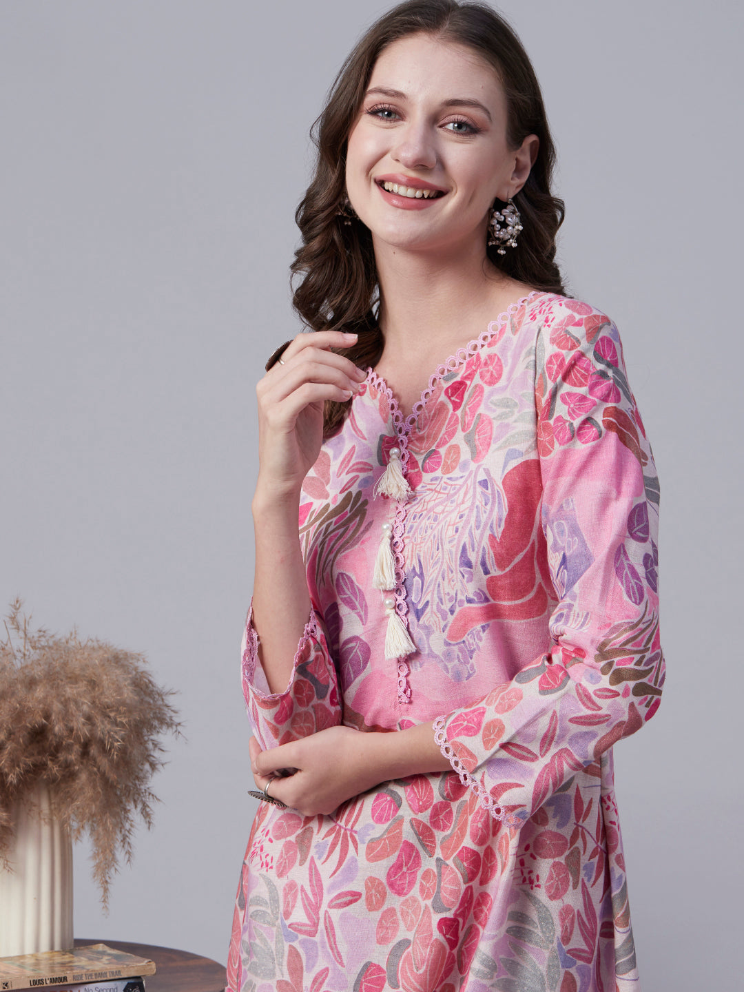 Abstract Printed Pearl, Fringed Tassels & Crochet Lace Embellished Kurta with Harem Pants - Pink & Multi