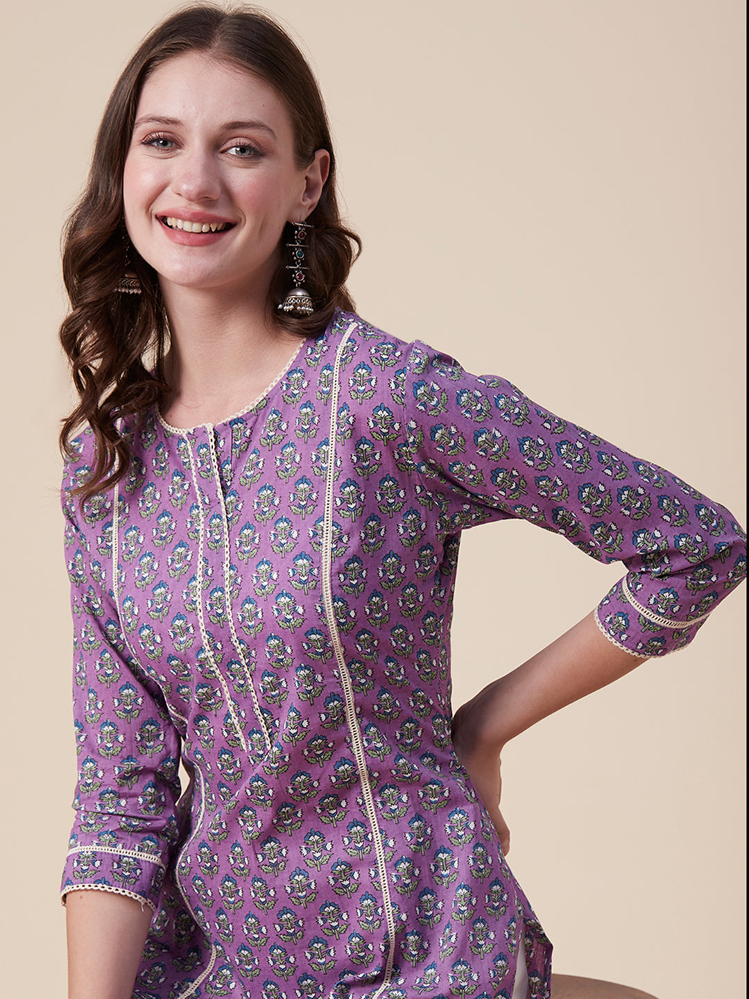 Daisy Hand Block Printed Cotton Kurti with Crochet Lace – Chowkhat Lifestyle